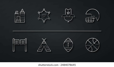 Paisaje de la ciudad, puerta del salón, casco de fútbol americano, fútbol americano, wigwam de tipi indio, sheriff de Hexagram, baloncesto e icono de sombrero de vaquero occidental. Vector