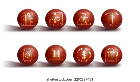 Set line City landscape, Soda can with straw, Pickaxe, Coin money dollar, Patriotic American top hat, Casino chip playing cards, Slot machine and Gold bars icon. Vector