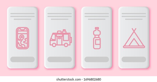 Set line City map navigation, Rv Camping trailer, Bottle of water and Tourist tent. White rectangle button. Vector