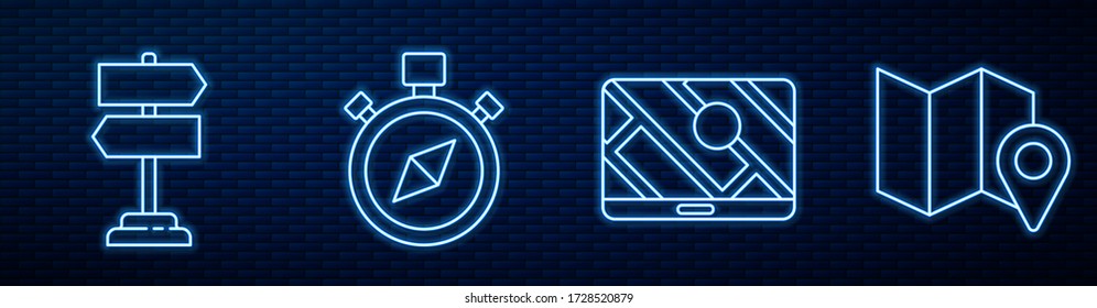 Set line City map navigation, Road traffic sign, Compass and Folded map with location marker. Glowing neon icon on brick wall. Vector