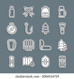 Set line City map navigation, Tree, Flashlight, Hiking backpack, Fishing hook, Compass, Canteen water bottle and  icon. Vector