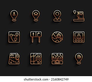 Set line City map navigation, Location with anchor, Monitor location marker, Alcohol beer bar, Road traffic sign, Gps device error and Magnifying glass globe icon. Vector