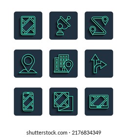 Set line City map navigation, Folded, Gps device with, Route location, Location house,  and Road traffic sign icon. Vector