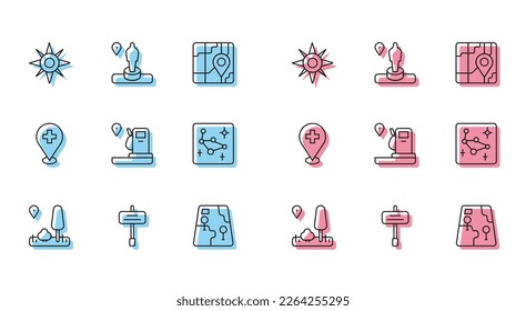 Set line City map navigation, Road traffic sign, Wind rose, Location and gas station, Great Bear constellation, Medical location with cross and monument icon. Vector