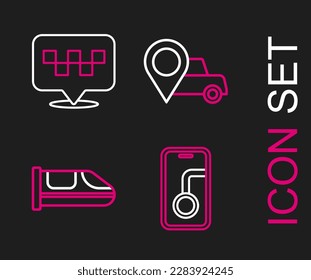 Set line City map navigation, High-speed train, Location with taxi and  icon. Vector