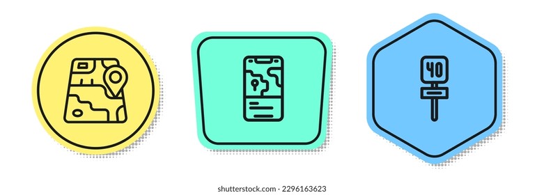 Set line City map navigation,  and Road traffic sign. Colored shapes. Vector