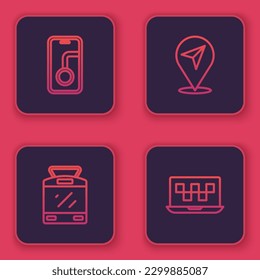 Set line City map navigation, Tram and railway, Location and Laptop call taxi service. Blue square button. Vector