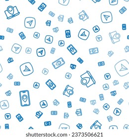 Set line City map navigation, Laptop with location marker and Infographic of city on seamless pattern. Vector