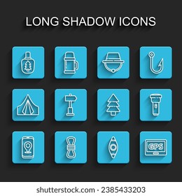 Set line City map navigation, Climber rope, Canteen water bottle, Kayak or canoe, Gps device with, Road traffic signpost, Flashlight and Tree icon. Vector