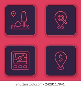 Set line City map navigation, Gps device with, Search location and Cash. Blue square button. Vector