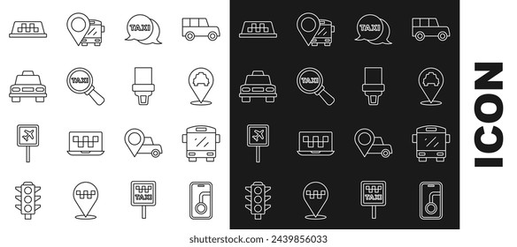 Set line City map navigation, Bus, Location with taxi, Taxi call telephone service, Magnifying glass and car, roof and Safety belt icon. Vector
