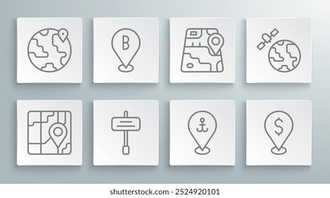 Set line City map navigation, Location, Road traffic sign, with anchor, Cash location, Satellites orbiting the planet and globe icon. Vector