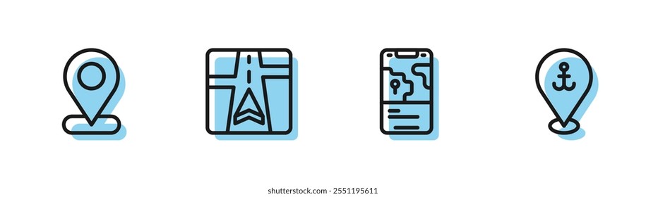 Set line City map navigation, Location, Gps device with and anchor icon. Vector