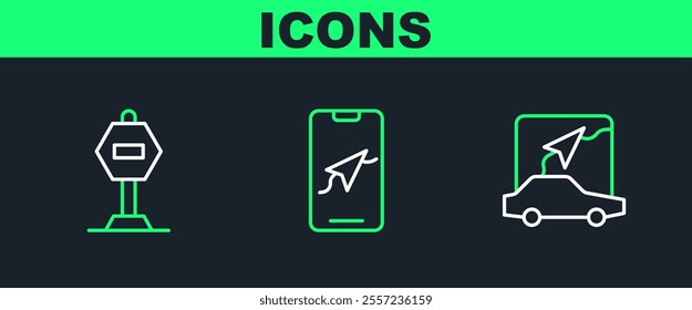 Set line City map navigation, Stop sign and  icon. Vector