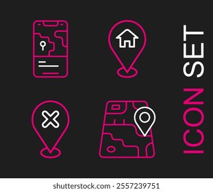 Set line City map navigation, Location with cross mark, house and  icon. Vector