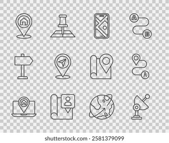 Set line City map navigation, Radar, Folded with location marker, Location house, Map pin, Satellites orbiting the Earth and Route icon. Vector