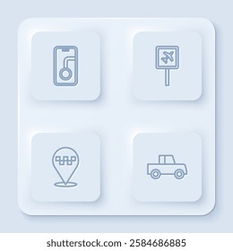 Set line City map navigation, Airport, Location with taxi and Car. White square button. Vector