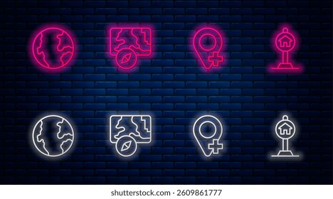 Set line City map navigation, Location, Earth globe and Hotel sign for traffic. Glowing neon icon on brick wall. Vector