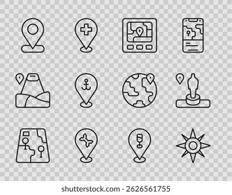 Set line City map navigation, Wind rose, Gps device with, Car service, Location, anchor, Alcohol beer bar location and and monument icon. Vector