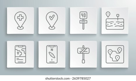 Set line City map navigation, Location with check mark, Compass mobile, Road traffic sign, Route location, Broken road and Medical cross icon. Vector