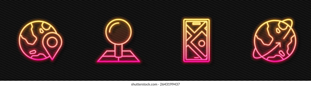 Set line City map navigation, Location the globe, Folded with location marker and Satellites orbiting Earth. Glowing neon icon. Vector