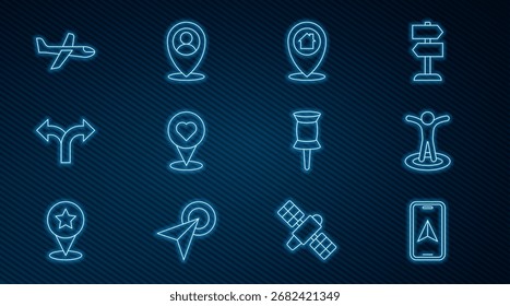 Definir linha Navegação no mapa da cidade, Localização com pessoa, casa, coração, Sinal de trânsito rodoviário, Avião, Push pin e ícone. Vetor