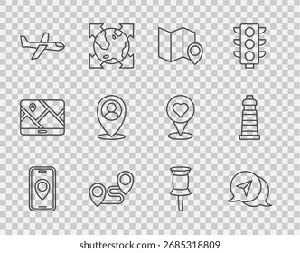 Set line City map navigation, Infographic of city, Folded with location marker, Route, Plane, Location person, Push pin and Lighthouse icon. Vector