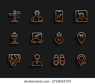 Navegación en el mapa de la ciudad, Push pin, señal de tráfico, binoculares, Locación, ubicación de cafetería y restaurante e ícono de brújula. Vector