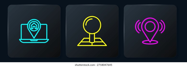 Set line City map navigation, Map pin and Folded with location marker. Black square button. Vector