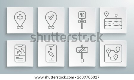 Set line City map navigation, Location with check mark, Compass mobile, Road traffic sign, Route location, Broken road and Medical cross icon. Vector
