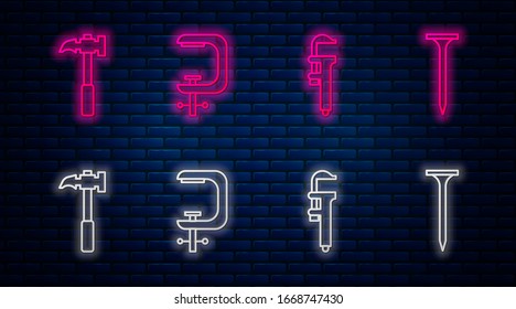 Set line Clamp and screw tool, Calliper or caliper and scale, Claw hammer and Metallic nail. Glowing neon icon on brick wall. Vector
