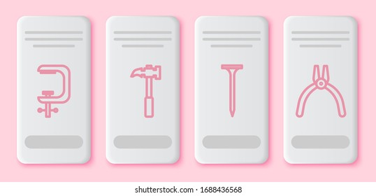 Set line Clamp and screw tool, Claw hammer, Metallic nail and Pliers tool. White rectangle button. Vector
