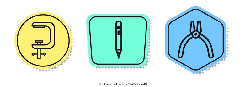 Ajuste la herramienta de sujeción y tornillo, Lápiz con borrador y herramienta de láminas. Formas coloreadas. Vector