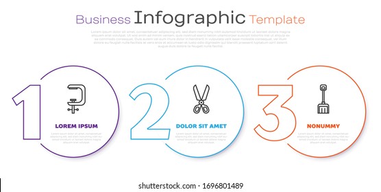 Set line Clamp and screw tool, Scissors and Snow shovel. Business infographic template. Vector