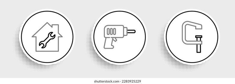Set line Clamp and screw tool, House repair and Electric drill machine icon. Vector
