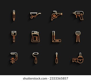Set line Clamp and screw tool, Paint roller brush, Pencil with eraser, Screwdriver, Angle grinder, Cement bag, Pincers pliers and Corner ruler icon. Vector
