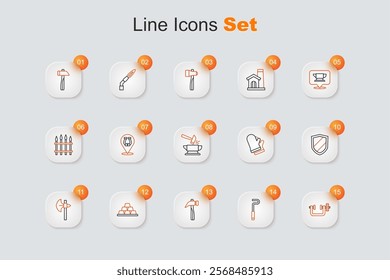 Set line Clamp and screw tool, Fire poker, Hammer, Gold bars, Medieval axe, Shield, Protective gloves and Anvil hammer icon. Vector
