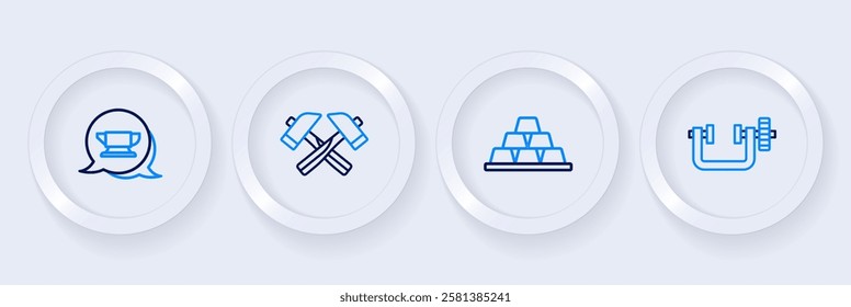 Set line Clamp and screw tool, Gold bars, Crossed hammer and Blacksmith anvil icon. Vector