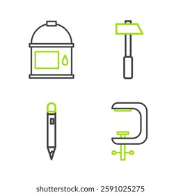 Set line Clamp and screw tool, Pencil with eraser, Hammer and Paint bucket icon. Vector