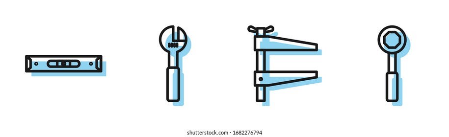 Set line Clamp tool, Construction bubble level, Adjustable wrench and Wrench spanner icon. Vector