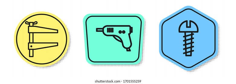 Set line Clamp tool, Electric hot glue gun and Metallic screw. Colored shapes. Vector