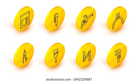Set line Clamp tool, Folding ruler, Paint brush, Drawing compass, Pliers, Leaf garden blower, Calliper or caliper and scale and Cement bag icon. Vector