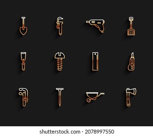 Set line Clamp tool, Metallic nail, Shovel, Wheelbarrow, Wooden axe, screw, Stationery knife and Ruler icon. Vector