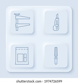 Set line Clamp tool, Stationery knife, Cement bag and Chisel tool for wood. White square button. Vector