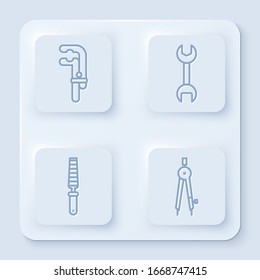 Set line Clamp tool, Wrench spanner, Chisel tool for wood and Drawing compass. White square button. Vector