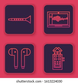 Set line Clarinet, Air headphones, Sound or audio recorder on laptop and Microphone. Blue square button. Vector