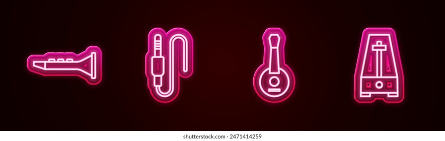 Set line Clarinet, Audio jack, Banjo and Metronome with pendulum. Glowing neon icon. Vector