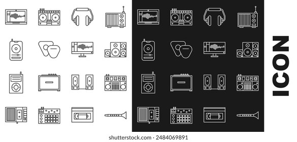 Set line Clarinet, DJ remote for playing and mixing music, Stereo speaker, Headphones, Guitar pick, Music player, Sound audio recorder laptop and monitor icon. Vector