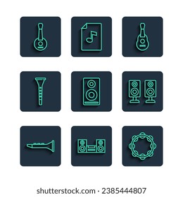 Set line Clarinet, Home stereo, Tambourine, Guitar, Stereo speaker, Banjo and  icon. Vector