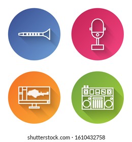 Set line Clarinet, Microphone, Sound or audio recorder on monitor and DJ remote for playing and mixing music. Color circle button. Vector